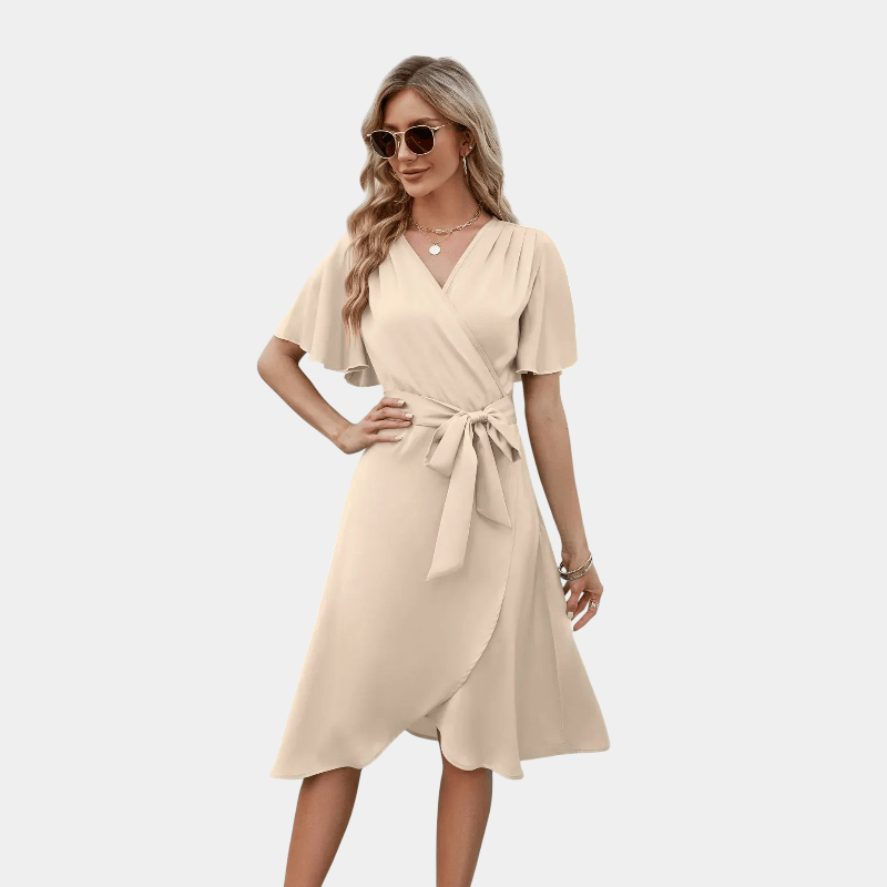 Gleame.-Gleame Jurk - elegante wikkeljurk met strikdetail en korte mouwen