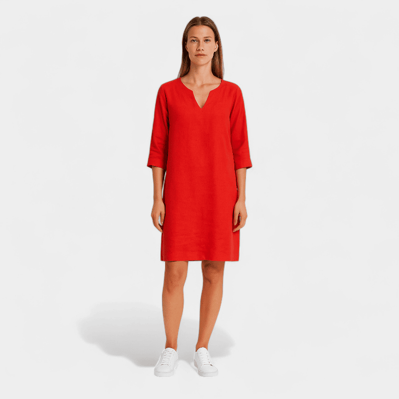 Gleame.-Gleame Jurk - Katoenen linnen mini-jurk met halve mouwen en V-hals voor een relaxte
