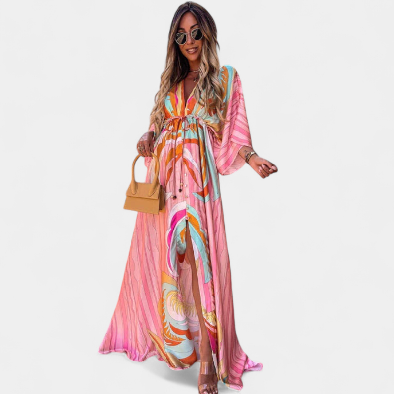 Gleame.-Gleame Jurk - Luchtige maxi-jurk met abstracte print, V-hals en split
