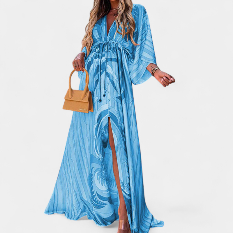 Gleame.-Gleame Jurk - Luchtige maxi-jurk met abstracte print, V-hals en split