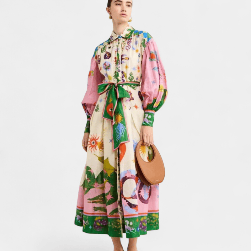 Gleame.-Gleame Jurk - Maxi-jurk met kleurrijke print, strikceintuur en ballonmouwen
