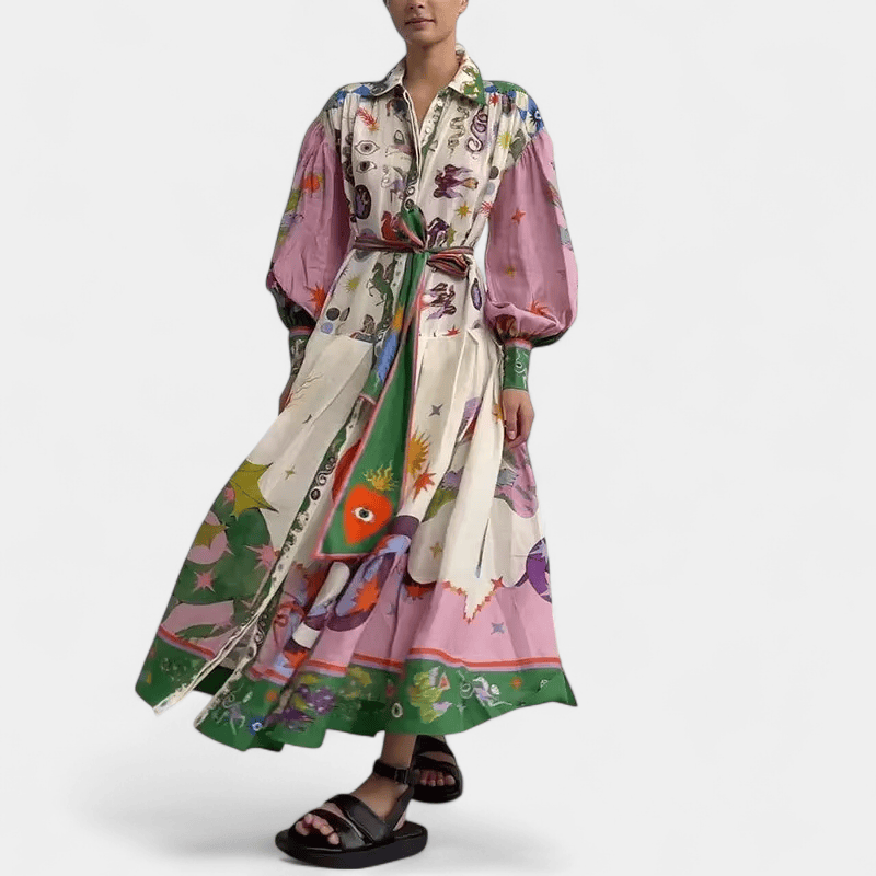 Gleame.-Gleame Jurk - Maxi-jurk met kleurrijke print, strikceintuur en ballonmouwen