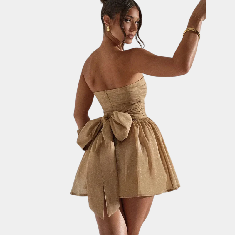 Gleame.-Gleame Jurk - Strapless mini-jurk van mesh met rugdecolleté en zwierige pasvorm