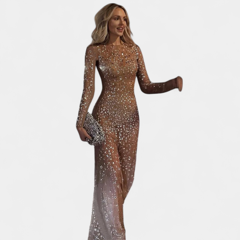Gleame.-Gleame Jurk - Transparante mesh maxi-jurk met pailletten en lange mouwen