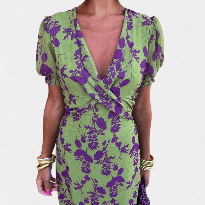 Gleame.-Gleame Jurk - korte mouwen v-hals jurk met geplooide print en knielengte