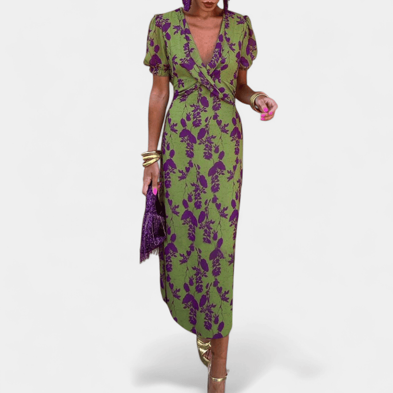 Gleame.-Gleame Jurk - korte mouwen v-hals jurk met geplooide print en knielengte