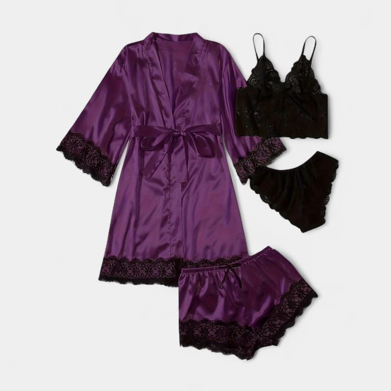 Gleame.-Gleame Loungewear Set - Satin contrast lace robe, cami bra, panty &amp; elastic shorts
