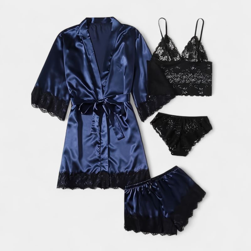 Gleame.-Gleame Loungewear Set - Satin contrast lace robe, cami bra, panty & elastic shorts