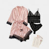 Gleame.-Gleame Loungewear Set - Satin contrast lace robe, cami bra, panty & elastic shorts