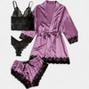 Gleame.-Gleame Loungewear Set - Satin contrast lace robe, cami bra, panty & elastic shorts