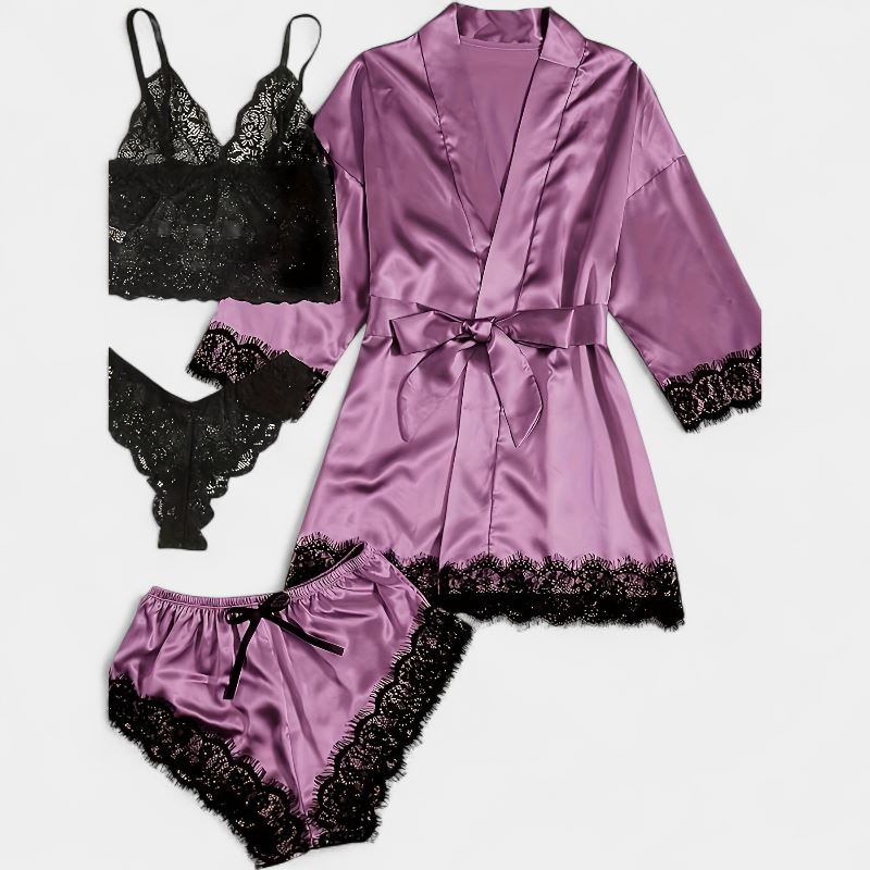 Gleame.-Gleame Loungewear Set - Satin contrast lace robe, cami bra, panty & elastic shorts