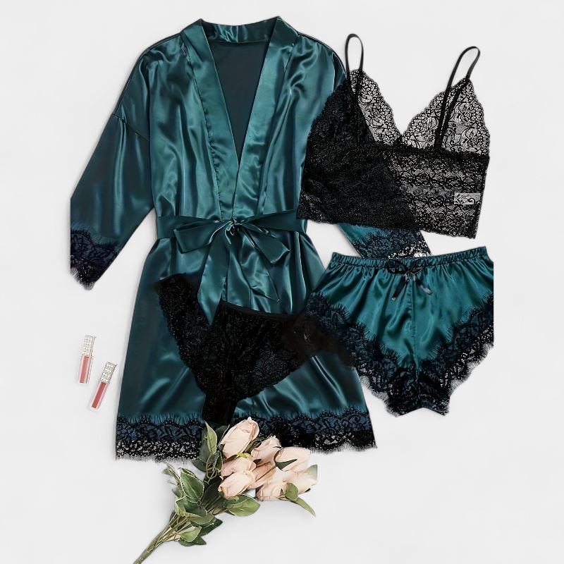 Gleame.-Gleame Loungewear Set - Satin contrast lace robe, cami bra, panty & elastic shorts