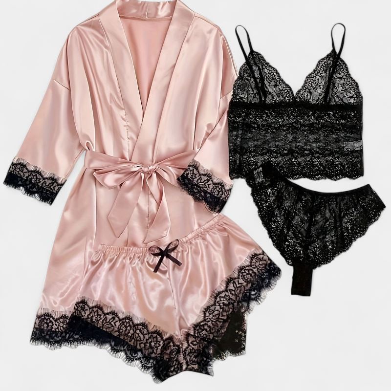 Gleame.-Gleame Loungewear Set - Satin contrast lace robe, cami bra, panty & elastic shorts