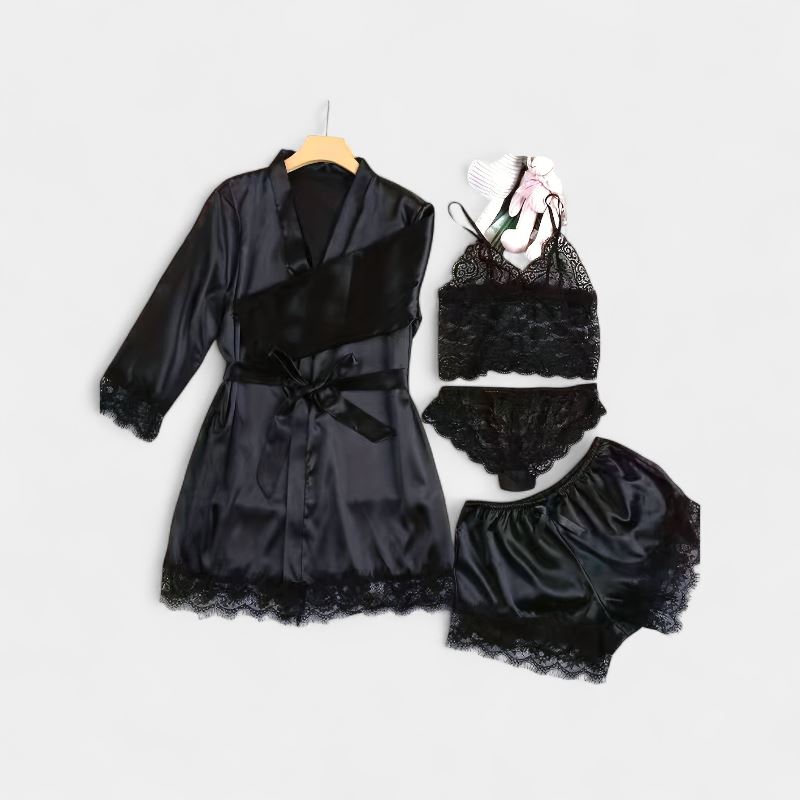 Gleame.-Gleame Loungewear Set - Satin contrast lace robe, cami bra, panty & elastic shorts