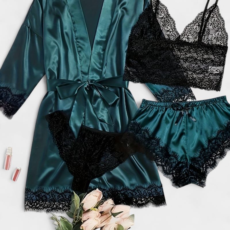 Gleame.-Gleame Loungewear Set - Satin contrast lace robe, cami bra, panty & elastic shorts