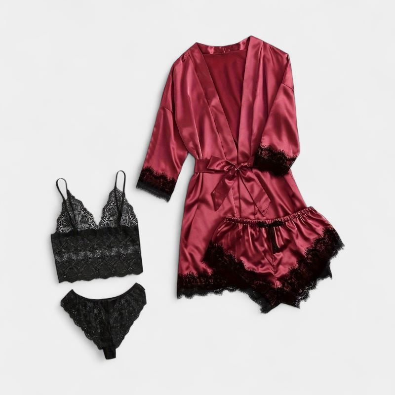 Gleame.-Gleame Loungewear Set - Satin contrast lace robe, cami bra, panty & elastic shorts