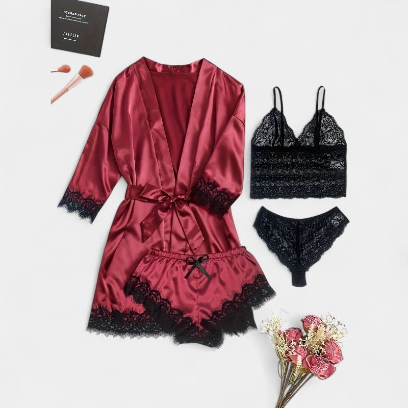 Gleame.-Gleame Loungewear Set - Satin contrast lace robe, cami bra, panty & elastic shorts