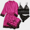 Gleame.-Gleame Loungewear Set - Satin contrast lace robe, cami bra, panty & elastic shorts