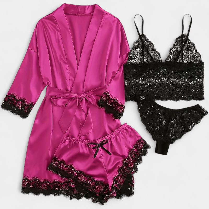 Gleame.-Gleame Loungewear Set - Satin contrast lace robe, cami bra, panty & elastic shorts