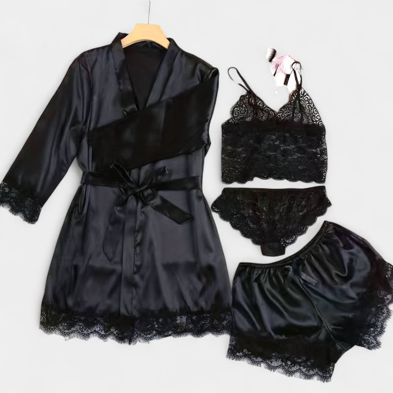 Gleame.-Gleame Loungewear Set - Satin contrast lace robe, cami bra, panty & elastic shorts
