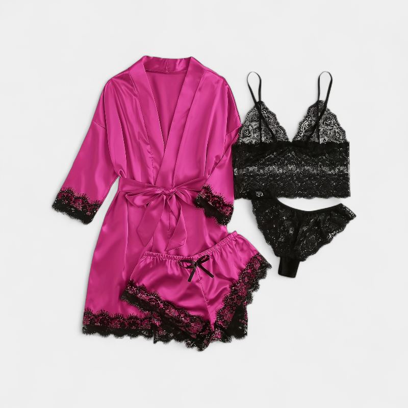 Gleame.-Gleame Loungewear Set - Satin contrast lace robe, cami bra, panty & elastic shorts