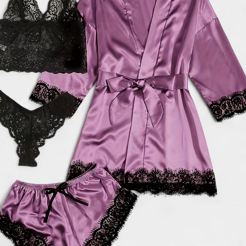 Gleame.-Gleame Loungewear Set - Satin contrast lace robe, cami bra, panty & elastic shorts