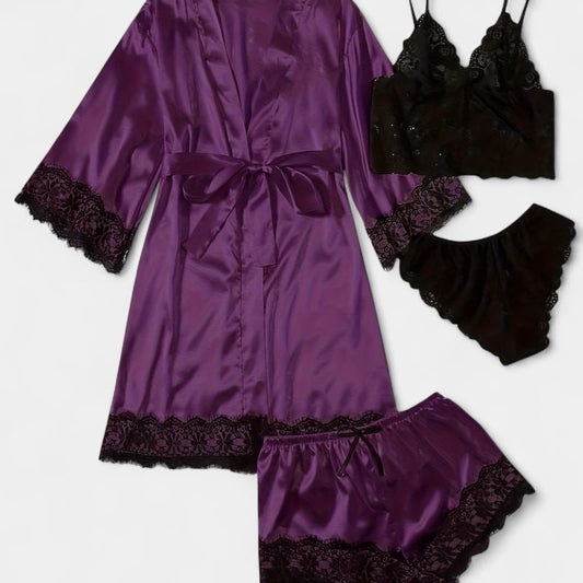 Gleame.-Gleame Loungewear Set - Satin contrast lace robe, cami bra, panty & elastic shorts