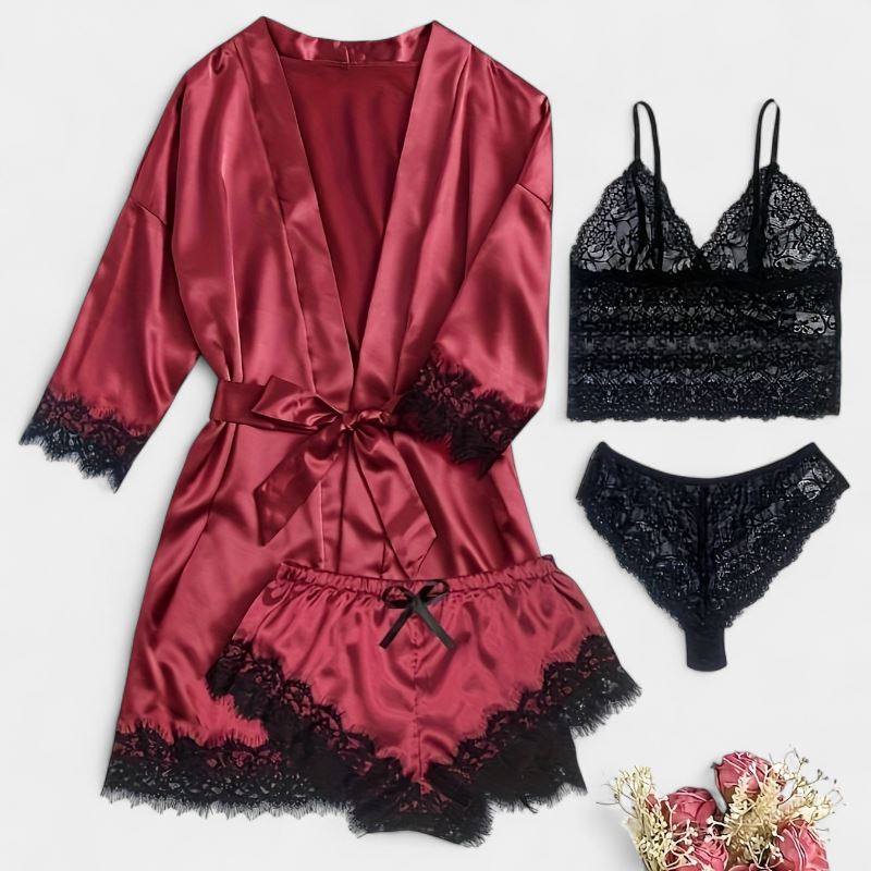 Gleame.-Gleame Loungewear Set - Satin contrast lace robe, cami bra, panty & elastic shorts