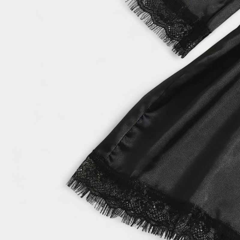 Gleame.-Gleame Loungewear Set - Satin contrast lace robe, cami bra, panty & elastic shorts