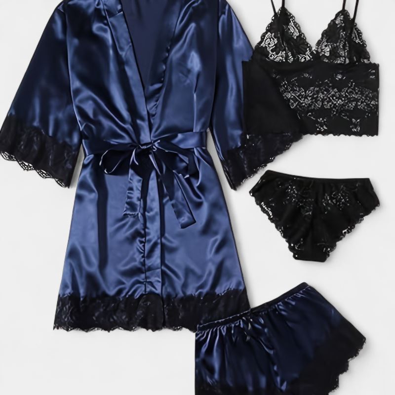 Gleame.-Gleame Loungewear Set - Satin contrast lace robe, cami bra, panty & elastic shorts