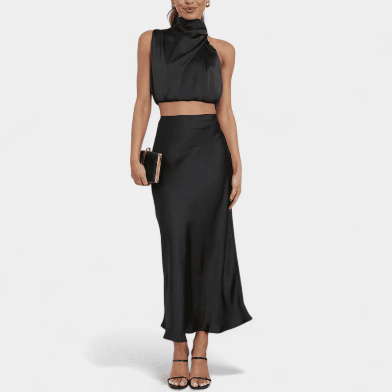 Gleame.-Gleame Set - Satijnen 2-delige set met crop top en lange A-lijn rok voor een elegante look