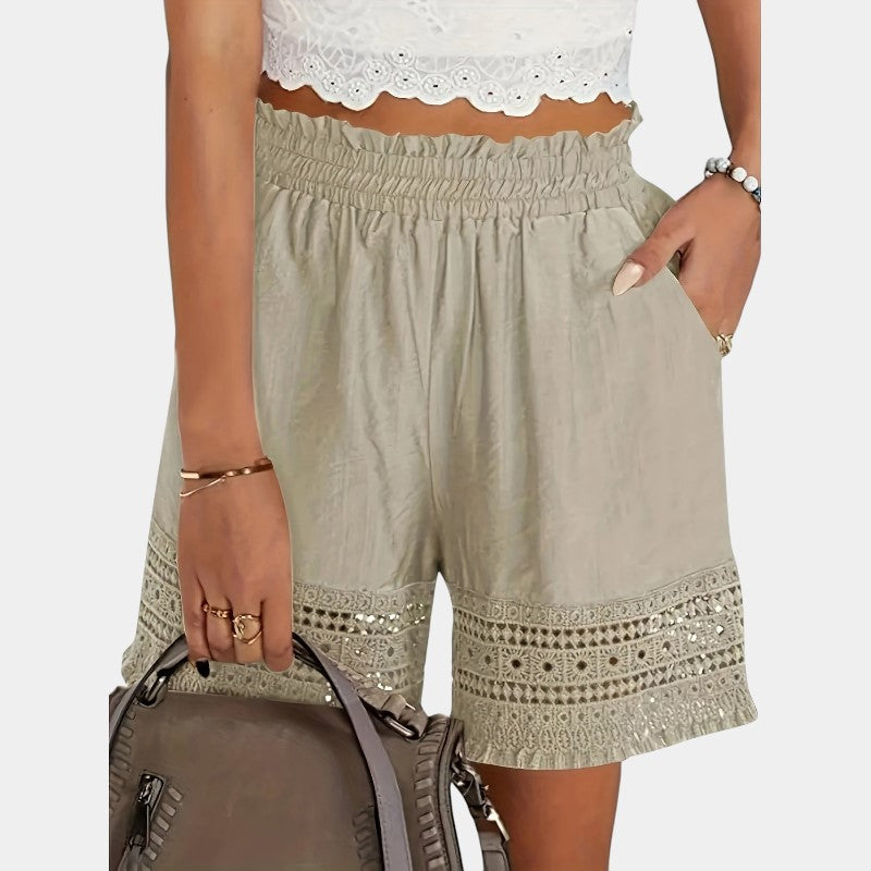 Gleame.-Gleame Short - Dames paperbag korte broek met kant en schuine zakken