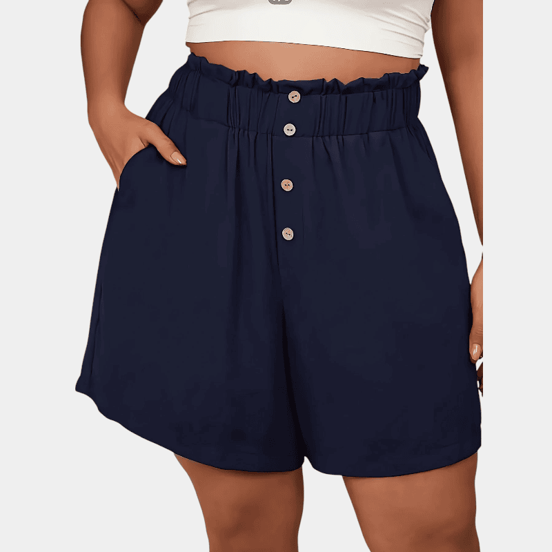 Gleame.-Gleame Short - Dames plus size wijde korte broek met knopen en elastische taille