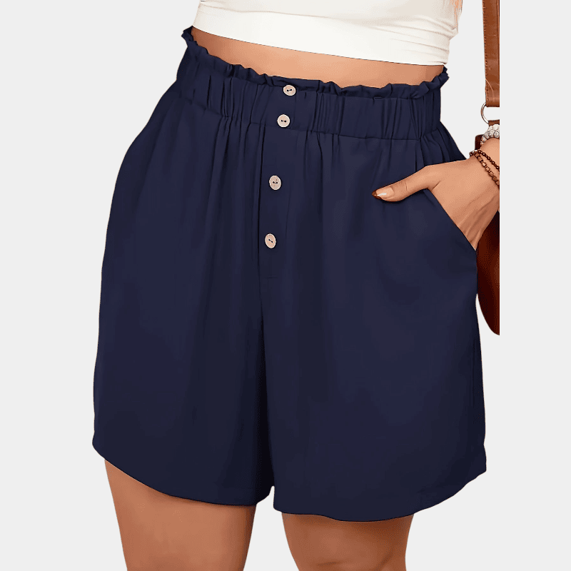 Gleame.-Gleame Short - Dames plus size wijde korte broek met knopen en elastische taille