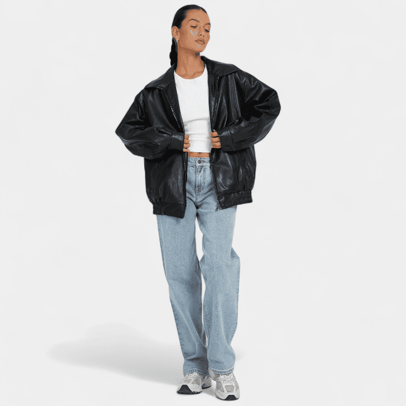 Gleame.-Jackets-Gleame Jas - Oversized leren jas met rits en elastische zoom