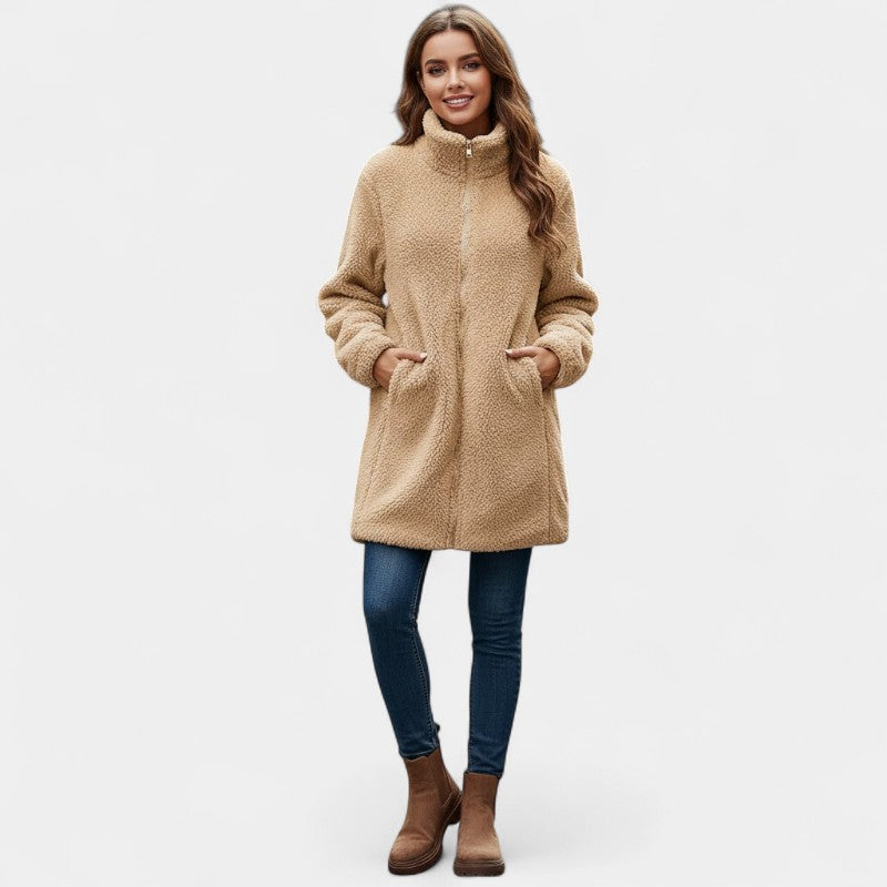 Gleame.-Jas-Gleame | Dames Teddy Jas – Warme Lange Teddymantel met Hoge Kraag