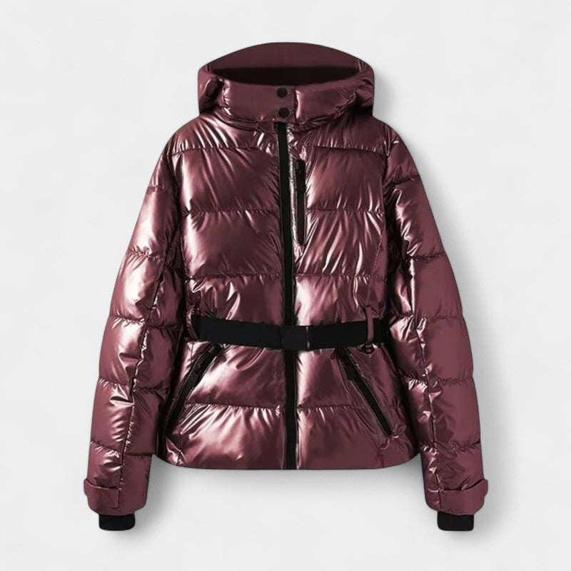 Gleame.-Jas-Gleame | Dames gewatteerde jas met capuchon en ceintuur in de taille