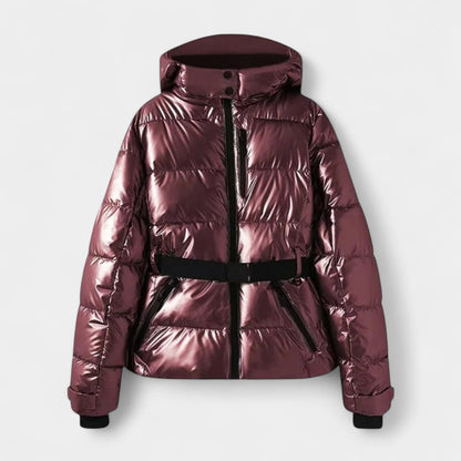 Gleame.-Jas-Gleame | Dames gewatteerde jas met capuchon en ceintuur in de taille