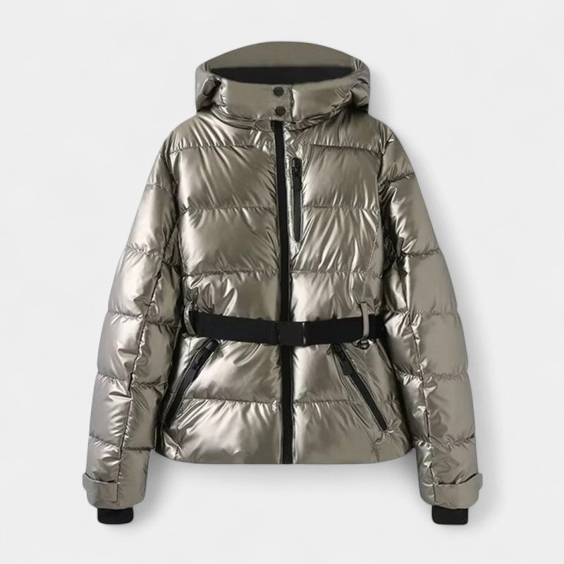 Gleame.-Jas-Gleame | Dames gewatteerde jas met capuchon en ceintuur in de taille