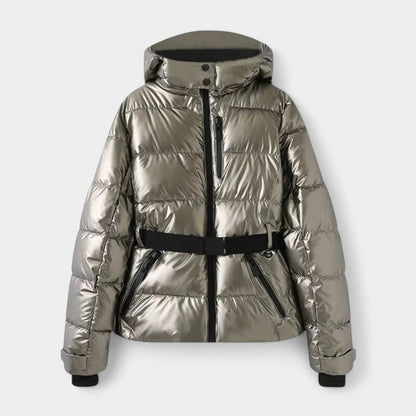 Gleame.-Jas-Gleame | Dames gewatteerde jas met capuchon en ceintuur in de taille