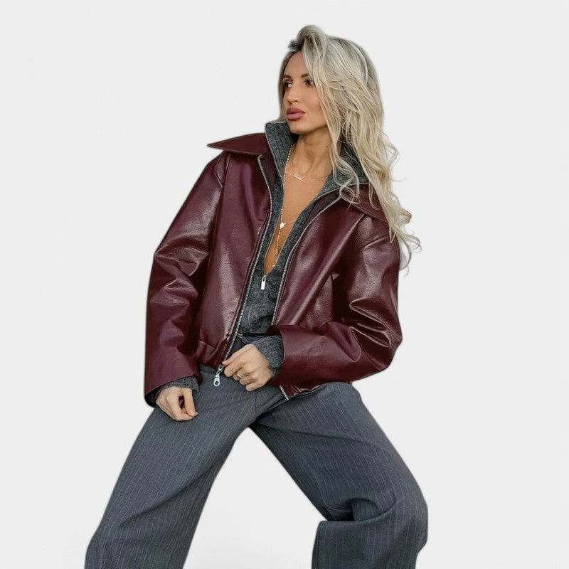 Gleame.-Jassen-Gleame Bomberjack - PU lederen jas voor dames in bordeauxrood winter- en herfststijl