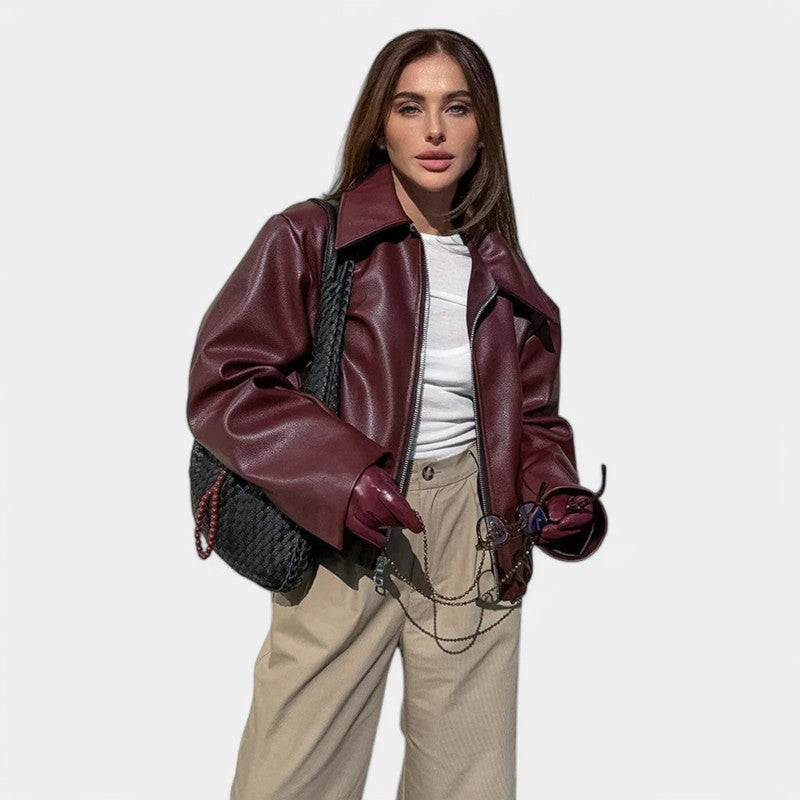 Gleame.-Jassen-Gleame Bomberjack - PU lederen jas voor dames in bordeauxrood winter- en herfststijl