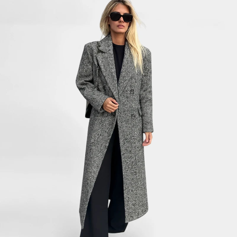 Gleame.-Jassen-Gleame Damesjas - Lange mantel met visgraatmotief en knoopsluiting