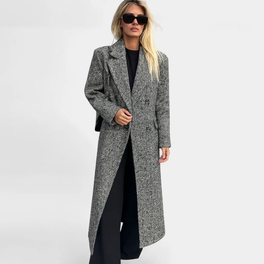 Gleame.-Jassen-Gleame Damesjas - Lange mantel met visgraatmotief en knoopsluiting