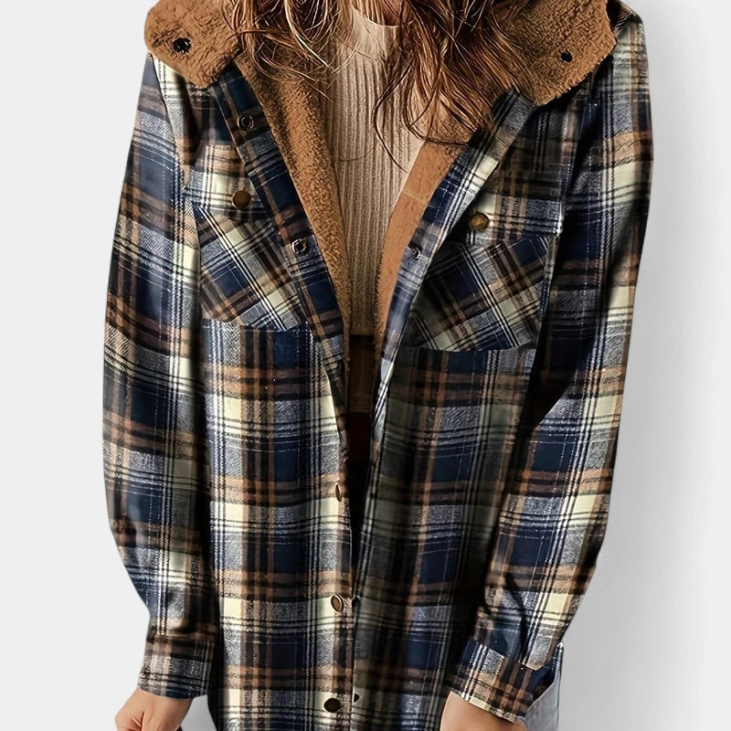 Gleame.-Jassen-Gleame Damesjas - Warme geruite jas met capuchon en lange mouwen