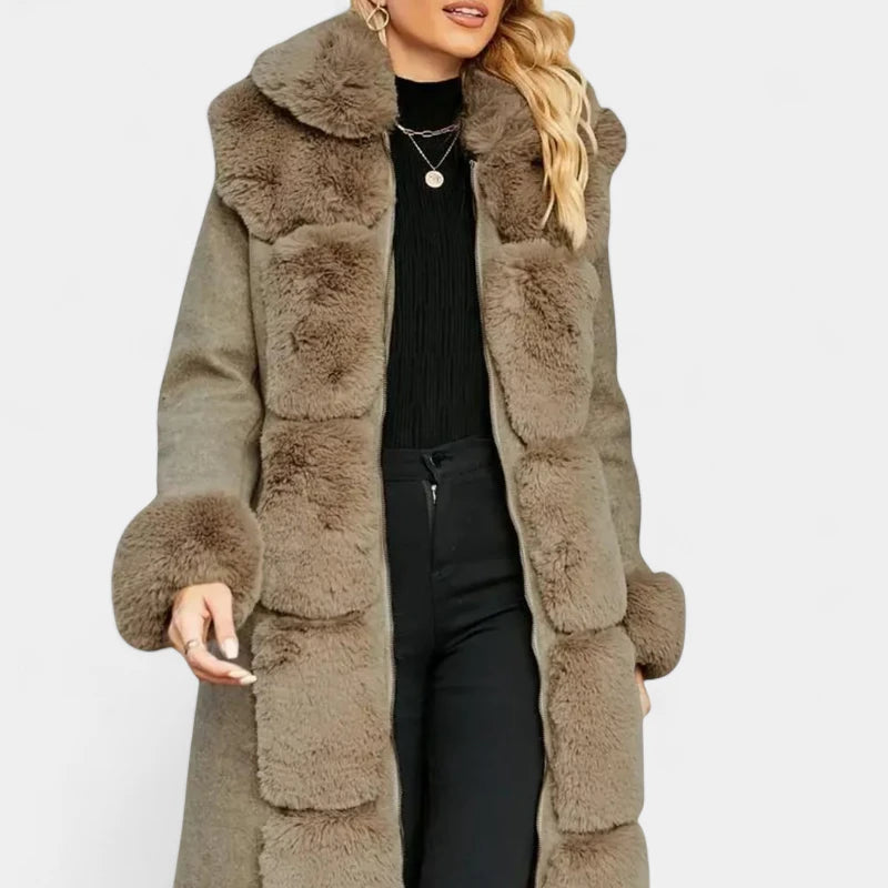 Gleame.-Jassen-Gleame Damesjas - Wolmix lange jas met imitatiebont en relaxed fit