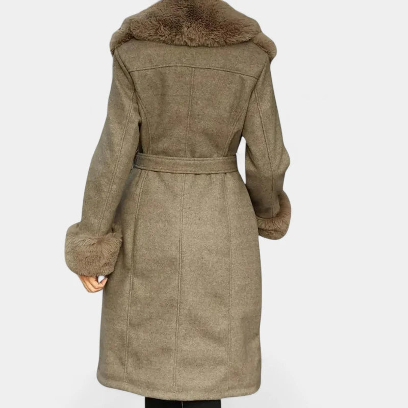 Gleame.-Jassen-Gleame Damesjas - Wolmix lange jas met imitatiebont en relaxed fit