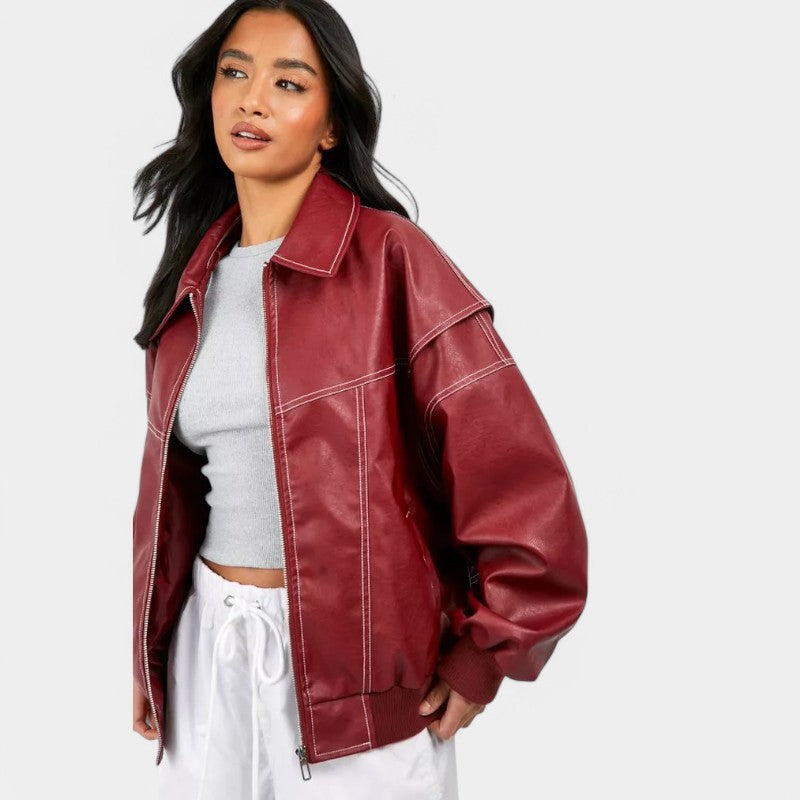 Gleame.-Jassen-Gleame Jas - Vintage leren jas met contraststeken en rits