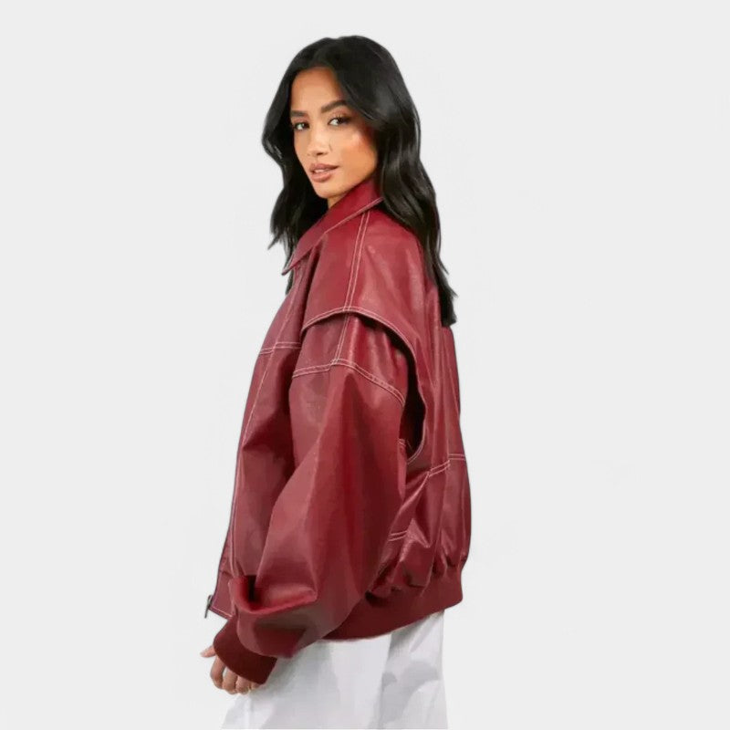 Gleame.-Jassen-Gleame Jas - Vintage leren jas met contraststeken en rits