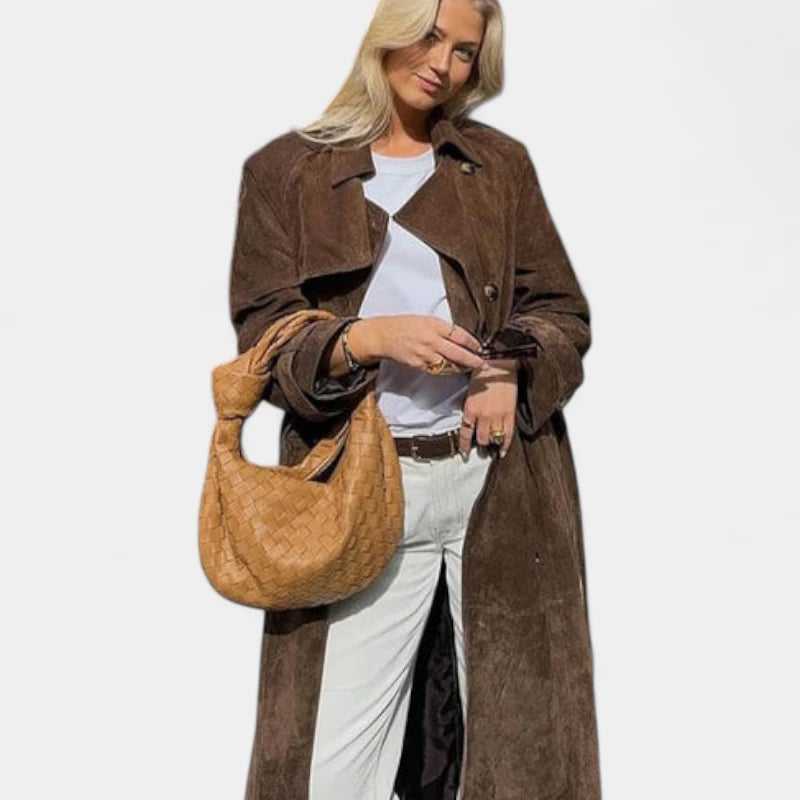 Gleame.-Jassen-Gleame Trenchcoat – Lange damesmantel van suèdelook met dubbele knopenrij en strikceintuur